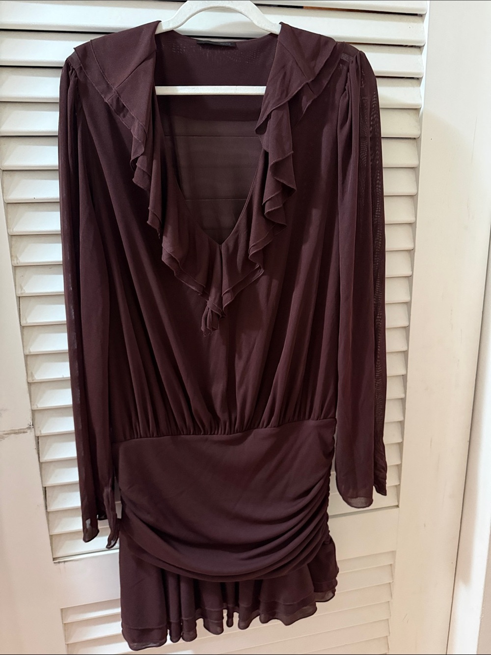 Ruffled V-Neck Long Sleeve Dress in Deep Brown